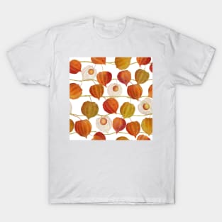 Golden berry flowers watercolor print. Autumn Physalis plants. Cape gooseberry buds. Chinese lantern. T-Shirt